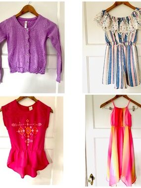 Girl’s Clothes Lot Of 4 Size 7/8 Romper Dress Cardigan Top Pink Purple Summer